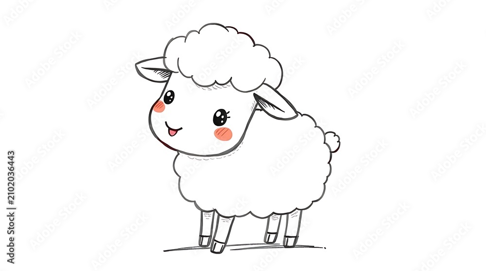 Fototapeta premium Hand-drawn sketch of a cute, fluffy cartoon sheep.