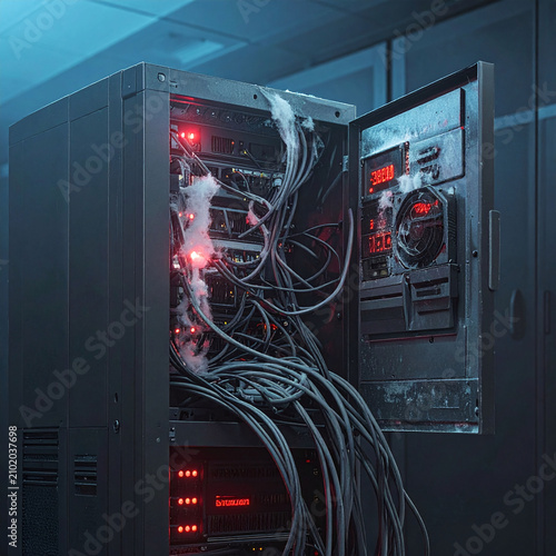 An open, dusty server rack with tangled black cables and eerie red lights evokes a strong sense of cyber threat and system failure. Perfect for IT security concepts. No people.