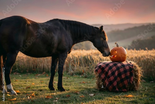 A horse investigates a jack o lantern on a hay bale in a field