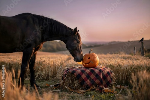 A horse investigates a jack o lantern on a hay bale in a field
