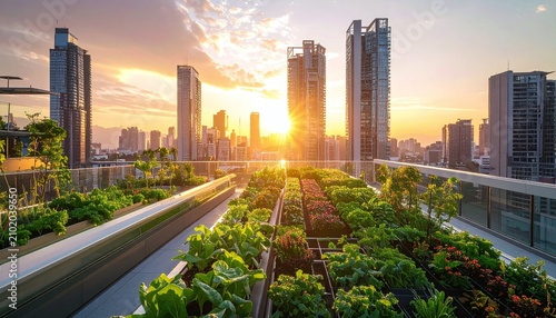 A lush, vibrant rooftop garden thrives amidst towering skyscrapers at sunset, symbolizing hope and sustainable urban living. Nobody is present in this ecofriendly city oasis.