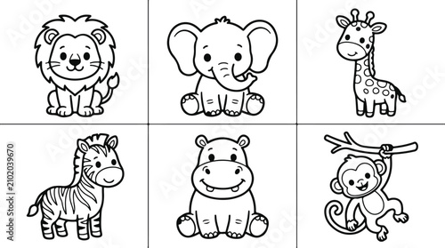 Sticker Cute cartoon wild animals collection for kids coloring book page set