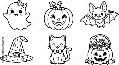 Obraz na płótnie Cute halloween doodle set with ghost pumpkin bat cat and candy bucket