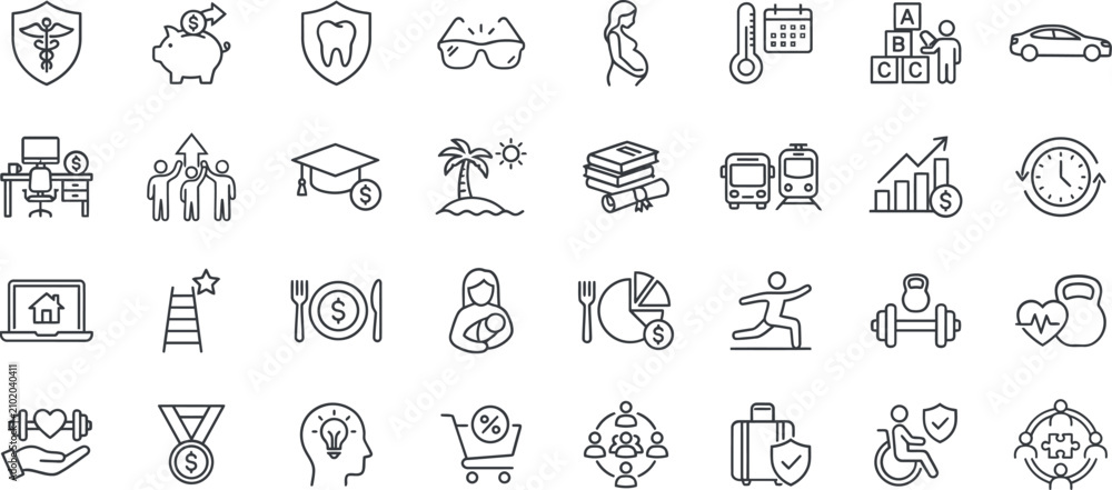 Naklejka premium Employee Benefits Line Icon Set. Healthcare, Insurance, Wellness, Education, Retirement and Compensation Outline Vector Collection