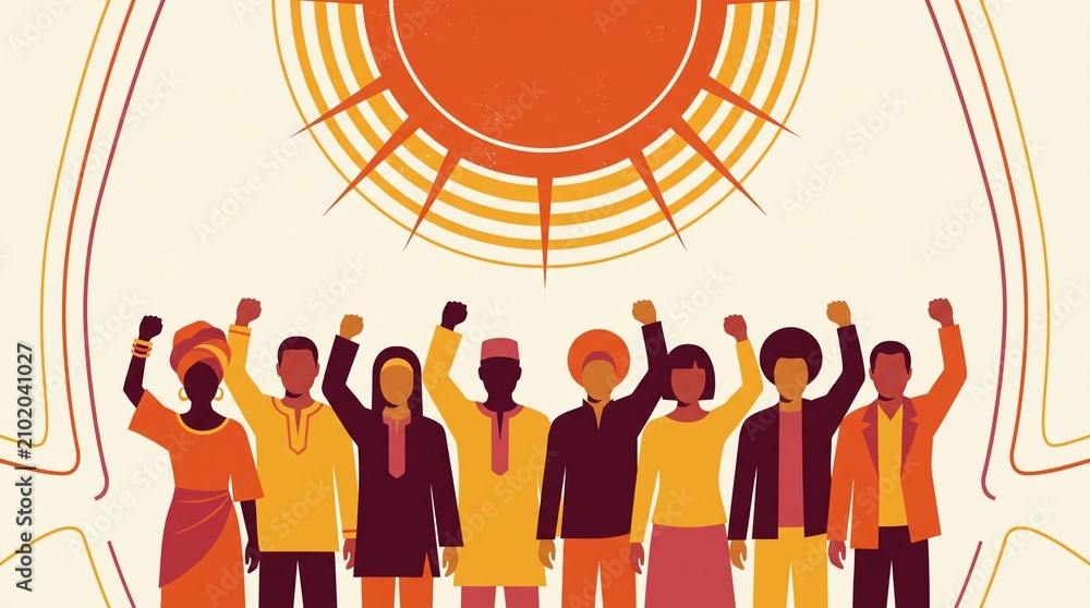 Obraz premium Flat design poster vector illustration of diverse people standing together with raised fists under a radiant sun, symbolizing unity, human rights, and global solidarity