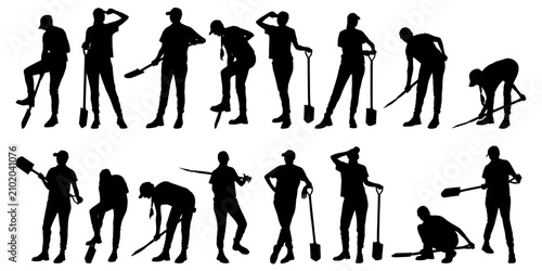Fotografía People silhouettes performing various tasks with shovels, representing hard work and manual labor