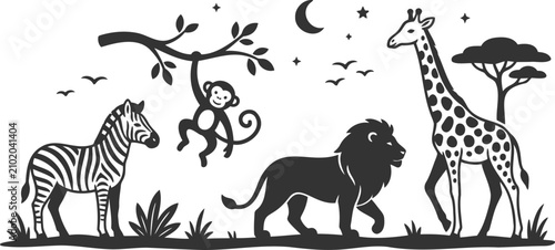 Photography Safari animals in savanna at night with stars