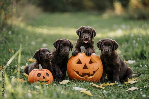 Four brown labrador puppies play with jack o lanterns on grass