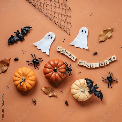 Halloween decorations with pumpkins ghosts bats and spiders on orange background