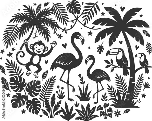 Photography Tropical jungle scene with animals and palm trees for creative graphic design