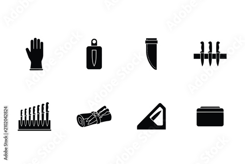 Photography Kitchen safety and knife storage set featuring protective glove cutting board sh