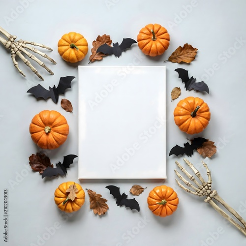 Halloween themed mockup with pumpkins bats and skeleton hands