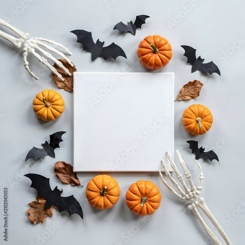 Halloween themed flat lay with pumpkins bats and skeleton hands