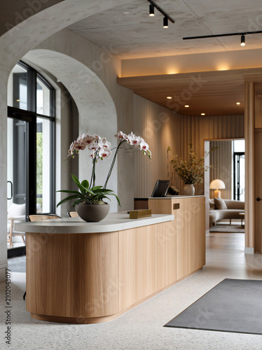 Medspa entrance foyer with white oak reception counter and orchid arrangement cut out