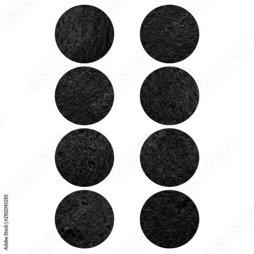 Eight black circles arranged in a clean minimalist composition, solid matte black geometric shapes on a white background