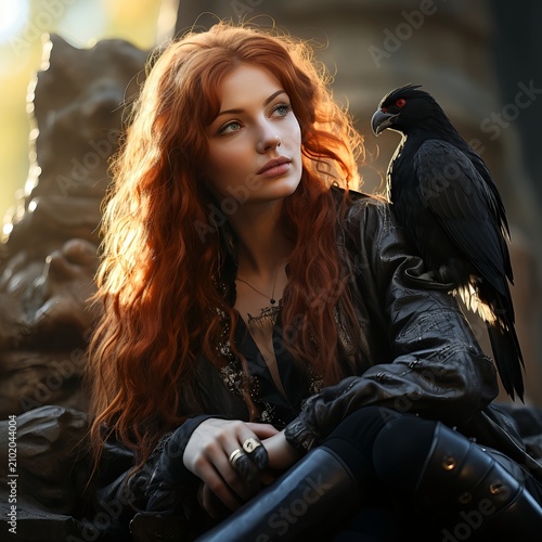 Red Haired Woman with Black Bird in Warm Golden Light