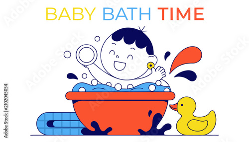 Canvastavla Very beautiful black and white realistic vector illustration of a BABY BATH TIME