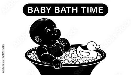 Bild auf Leinwand Very beautiful black and white realistic vector illustration of a BABY BATH TIME