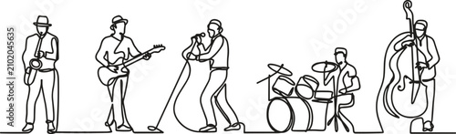 Canvas Print A group of musicians playing various musical instruments in a line drawing style