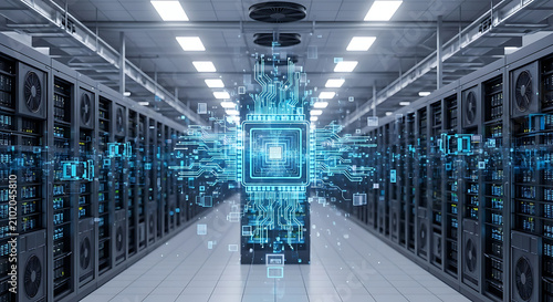 Data center server room with blue digital circuit board background