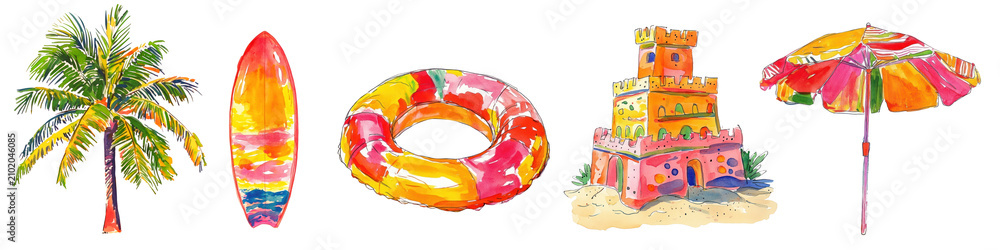 Obraz premium Vibrant beach summer essentials illustration, png set on transparent background