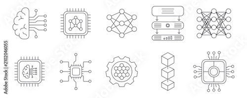 Artificial Intelligence Line Icons Set – AI Core Technology Outline Vector Collection