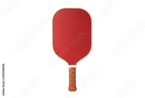 Red Pickleball Paddle with Brown Leather Grip and White Border