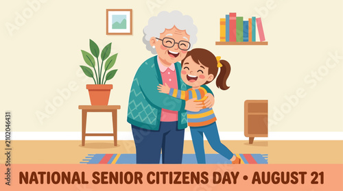 Grandmother hugging granddaughter. Senior citizens day illustration. Happy family bonding at home.