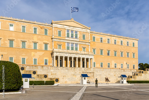 Athens Greek Hellenic Parliament and Tomb of the Unknown Soldier at Syntagma Square in Athens, Greece