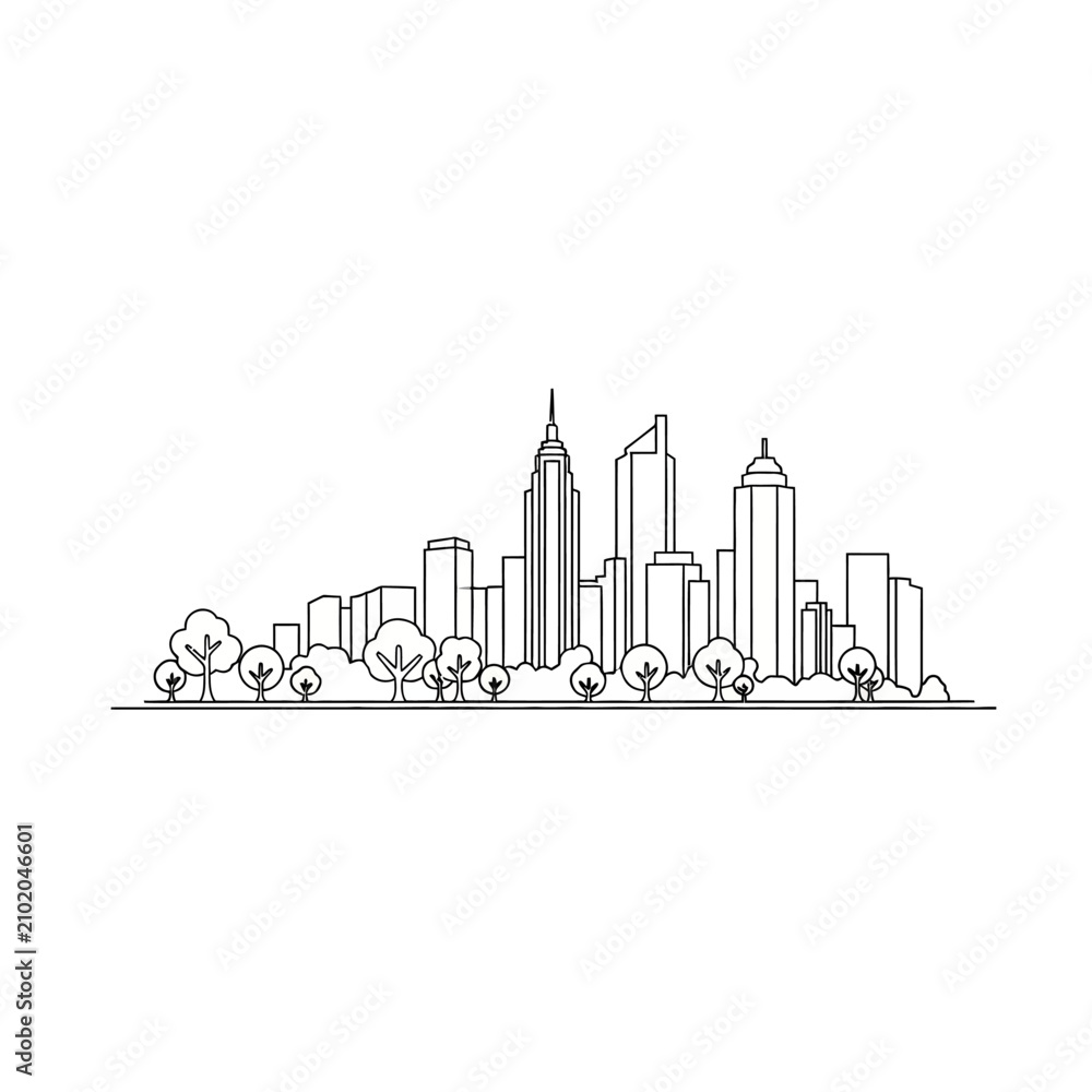 Fototapeta premium Minimalist continuous line drawing of a city skyline with trees.