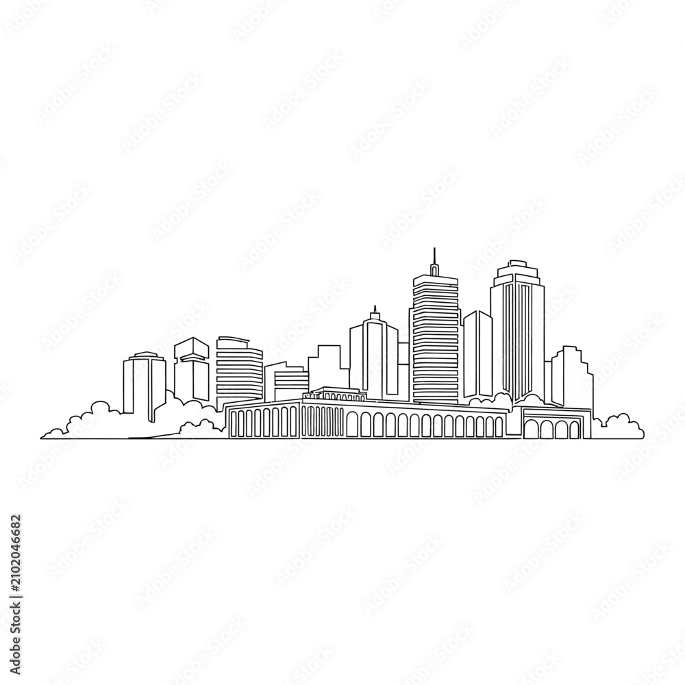 Obraz premium Minimalist continuous line drawing of a modern city skyline.
