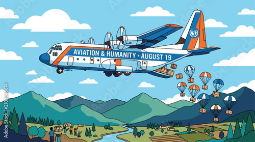 Humanitarian aid plane drops supplies. Cargo aircraft delivering relief on World Humanitarian Day. Aid.