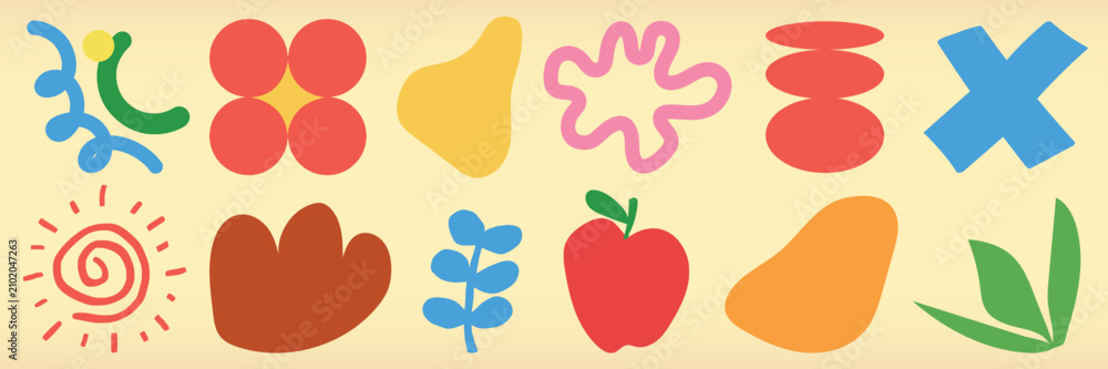 Fototapeta premium Colorful abstract shapes vector on a beige background, featuring playful designs.