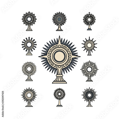 Bild auf Leinwand Collection of ornate monstrance illustrations in black and white.