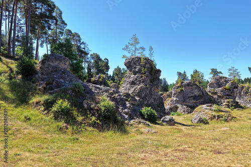 Luftaufnahme des Felsenmeers im Wental mit markanten Felsformationen aus Jurakalk, umgeben von einem dichten Nadelwald und Wanderwegen auf der Schwäbischen Alb bei Sonnenschein.