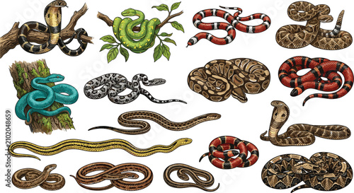 Foto Detailed Venomous and Nonvenomous Snake Species Vector Set with Cobra, Rattlesna