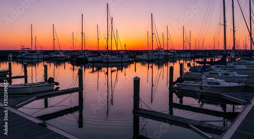 Boats anchored in harbor with orange sunset sky reflecting on calm water in evening light.