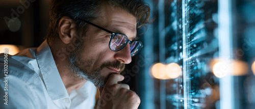 Man wearing glasses contemplates a digital display with glowing blue lines and bokeh lights adult analyzing business calculation contemplation data