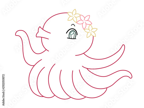 花飾りをつけたかわいいタコのイラスト　カラー線画