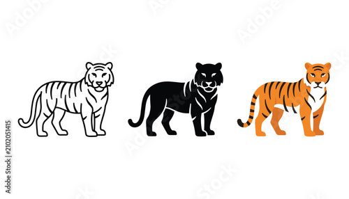 Photography Tiger icon set in line, solid and flat styles