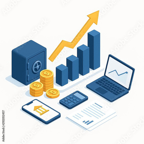 Business Success and Investment Growth Concept with Financial Chart, Coins, Safe and Laptop Isometric Illustration