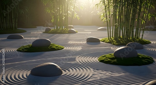 Zen garden featuring raked sand patterns bamboo stalks and mossy stones in soft light.