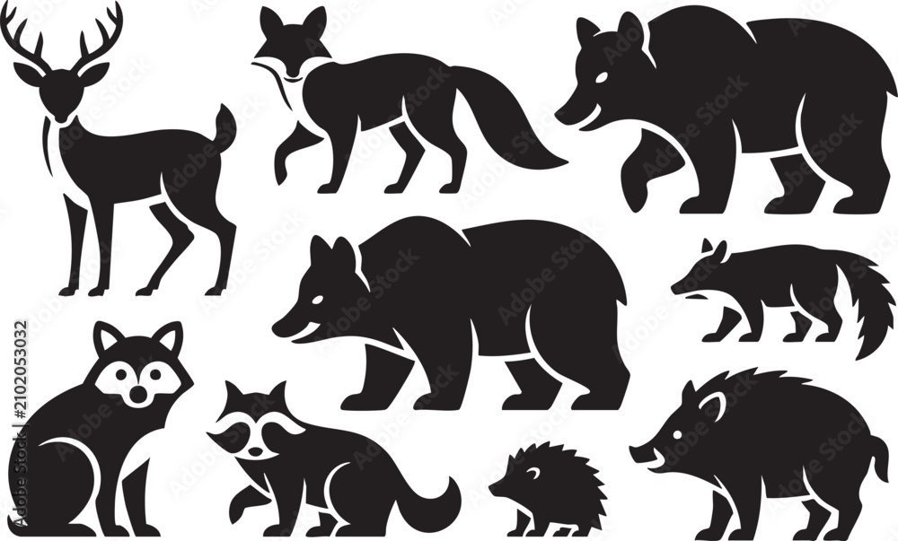 Obraz premium Set of wild forest animal black silhouette icons