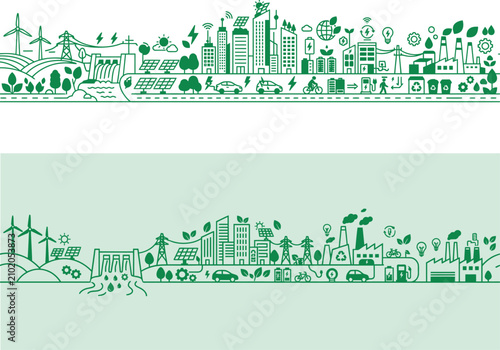 Green Cityscape with Renewable Energy, Sustainable Infrastructure, Wind Turbines, Solar Panels, and Eco-Friendly Urban Development – Vector Banner