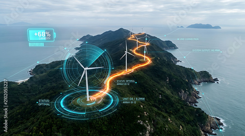 Wind turbine farm on coastal hills with digital energy data overlay for renewable power concept