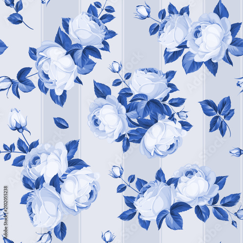 Seamless pattern from flowers of rose on a white background. Blue