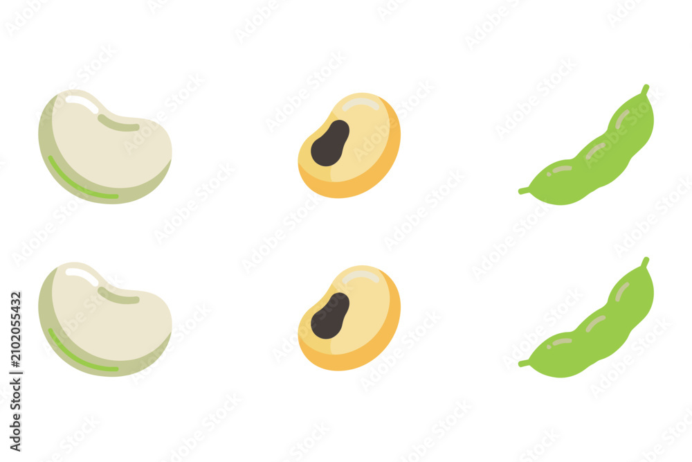 Fototapeta premium Collection of legumes featuring white beans, black-eyed peas, and green pods arranged in two rows on a plain white background for