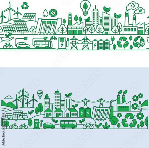 Sustainable Green Cityscape with Renewable Energy, Solar Panels, Wind Turbines, Eco-Friendly Buildings, and Recycling Symbols – Vector Banner