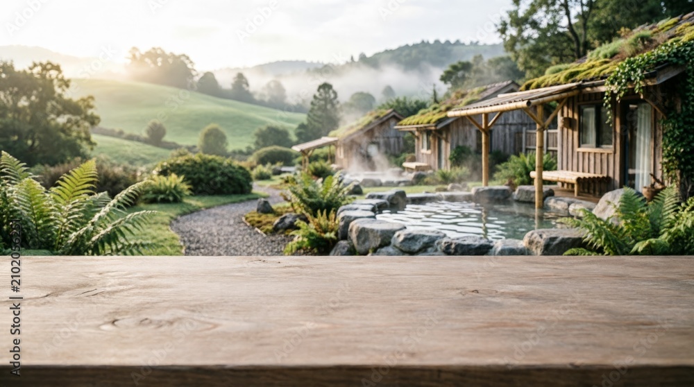 Obraz premium Wooden Table Top with Scenic Mountain Cottage and Hot Spring View for Nature Retreat Concept