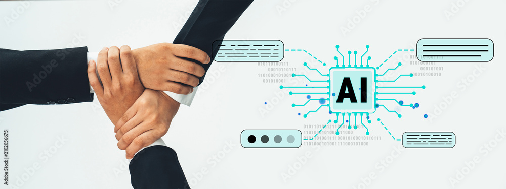 Obraz premium Hands of diverse individuals coming together to symbolize collaboration and innovation in artificial intelligence technology and digital transformation in the workspace. Sentient.